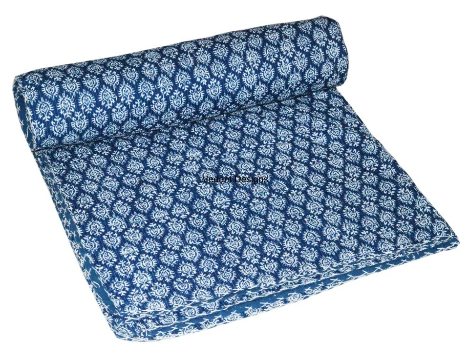 Bloco de mão estampa Shibori algodão azul índigo colcha Kantha Jaipuri Razai 90x108" - Imagem 2 de 4