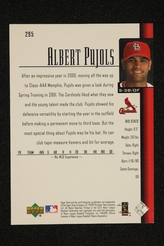 Tarjeta de gran novato Albert Pujols, St. Louis Cardinals, #295-2000 cubierta superior, como nueva - Imagen 2 de 2