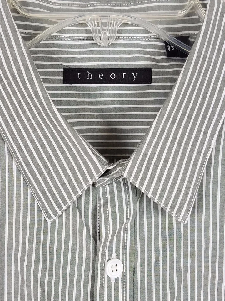 Camisa THEORY Zack Ps Lomita Algodón Botón Delantero Gris y Blanco Talla XL Foto 4 de 4