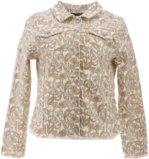 DG2 Diane Gilman Frayed-Hem Denim Jacket Khaki Paisley 1X NEW (598)