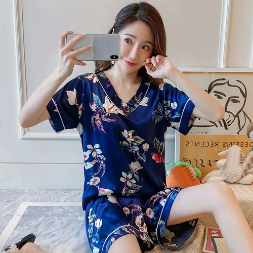 Damen Seide Satin Pyjama Set Kurzarm Nachtwäsche V-Ausschnitt Homewear 2-teilig Pyjama - Bild 35 von 60