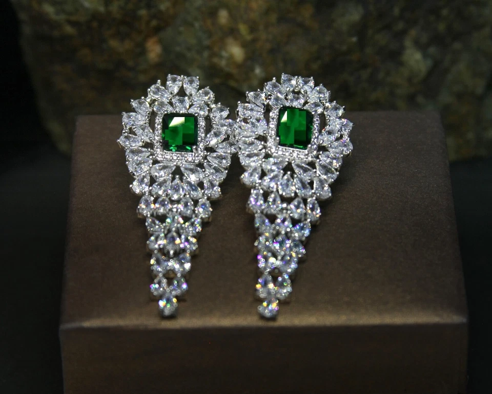 18k White Gold Plated Lab-Created Green Emerald Wedding Chandelier Earrings - Image 3 of 4