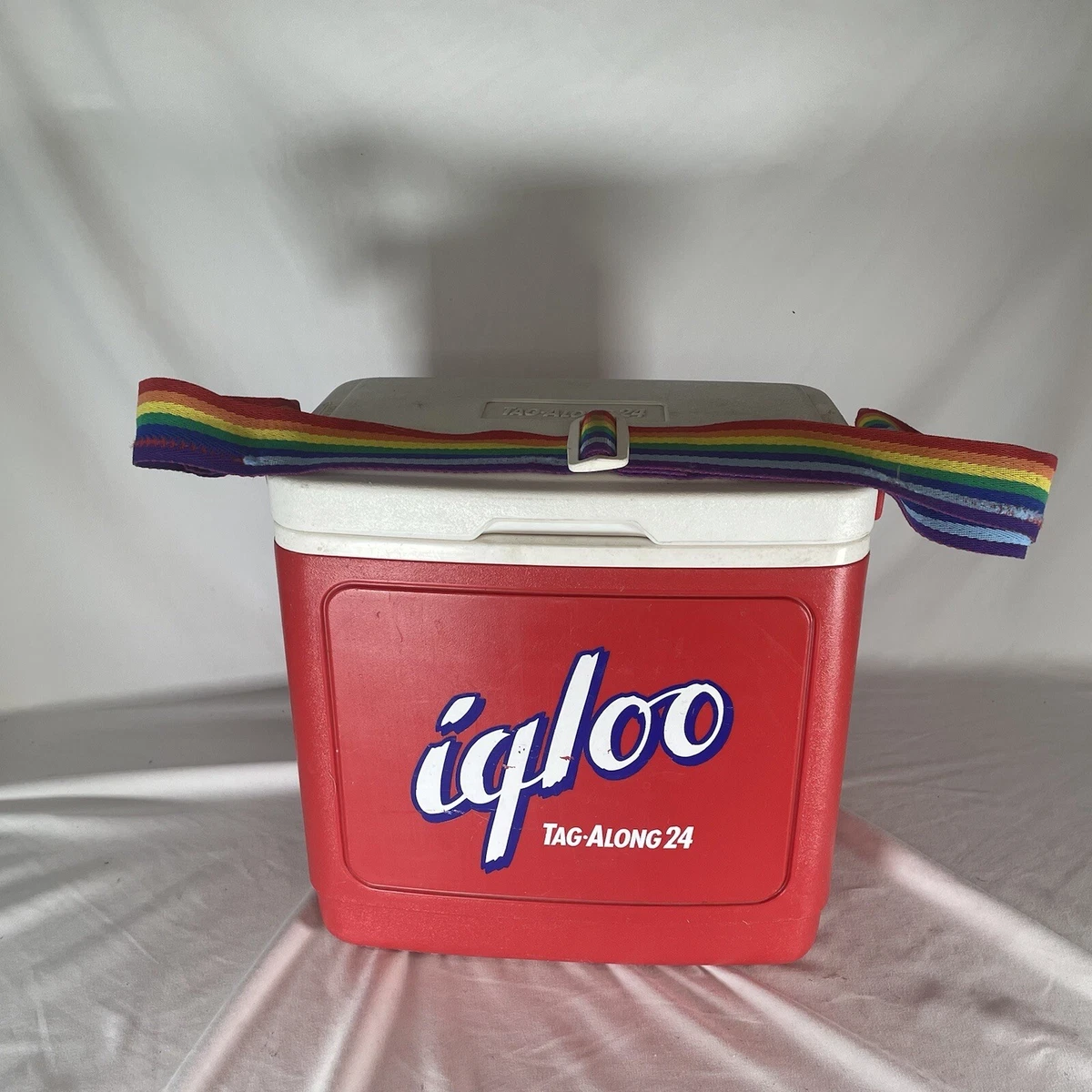 Vintage Igloo Tag-Along 24 Red Cooler Cup Holder Lid Pride Rainbow Strap