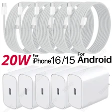 USB-C To USB C Nylon Cable 20W PD Fast Charger Cube Lot For iPhone 15 16 Android