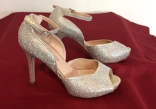 Cathy Jean Strappy Stiletto Sandal 7.5 Gold Glitter Rhinestone Heels Vintage Y2K