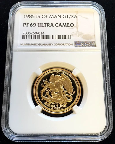  1985 GOLD ISLE OF MAN 51 MINTED FINEST KNOWN 1/2 ANGEL NGC PF 69 ULTRA CAMEO 