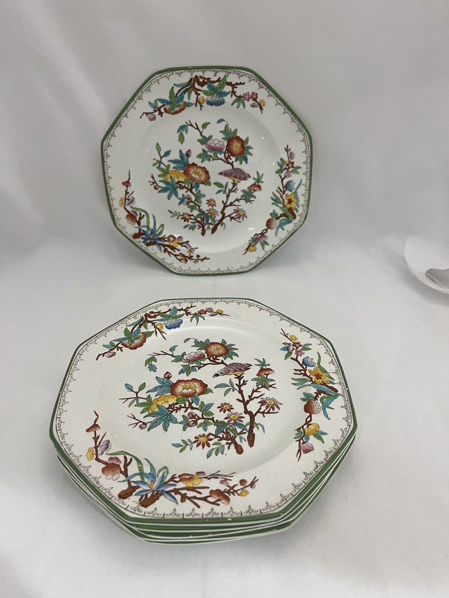 Vintage Wedgwood Octagonal Bird Floral Plates Set 6 Green Accent