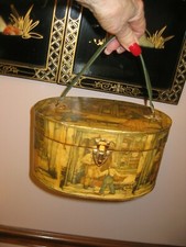 Vintage 70's Anton Pieck Decoupaged Wooden Purse Box Green Handle
