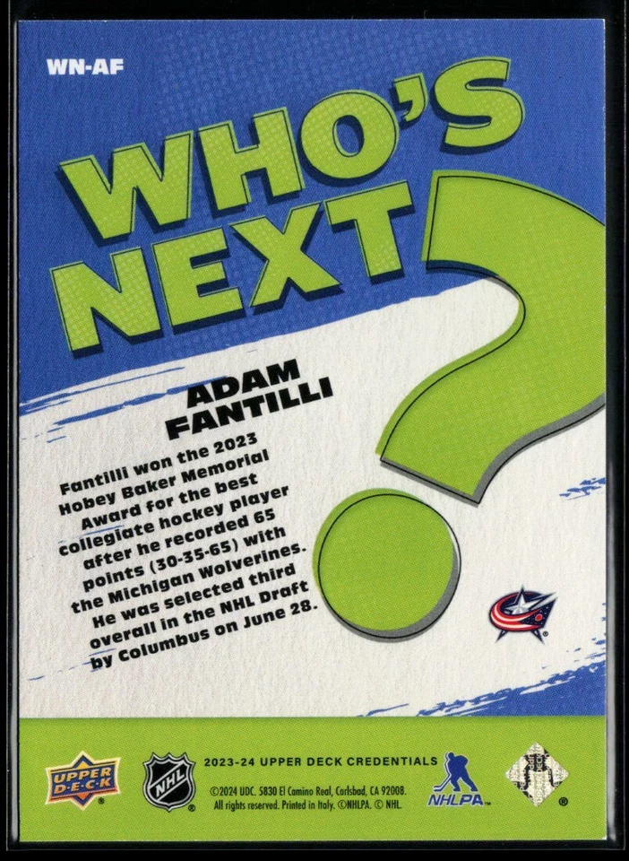 2023-24 Upper Deck Credentials Who's Next #WN-AF Adam Fantilli RC - Image 2 of 2