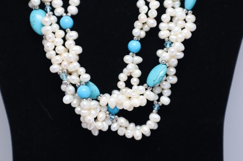 MULTI-STRAND Luscious Pearls & Turquoise Howlite BOHO, Lei, Statement Necklace - Picture 3 of 5