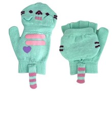 2 PR Pusheen Girls Convertible Fingerless Gloves w/Mitten 5 Yrs Up Mint Green