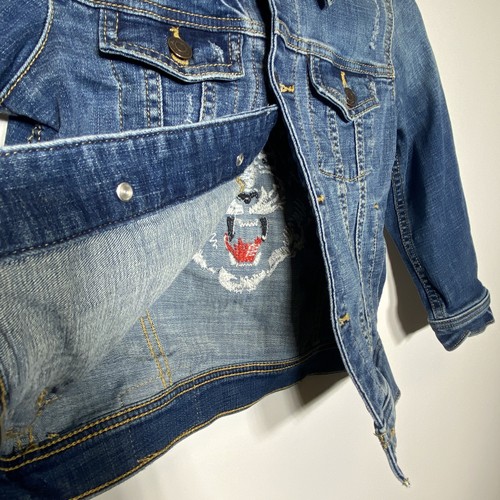 Abercrombie Tiger Jean Jacket Kids Boys Embroidered Blue White Distressed Sz 5/6 - Picture 6 of 13