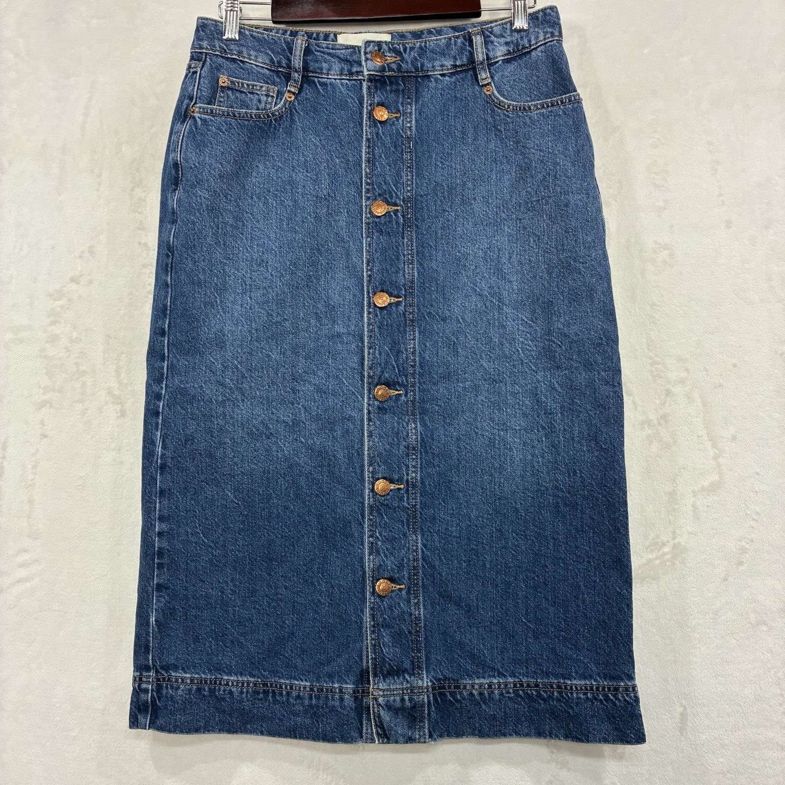 BodenDenimStraightPencilSkirtButtonFrontMidiMediumWashJeanSz8Cotton