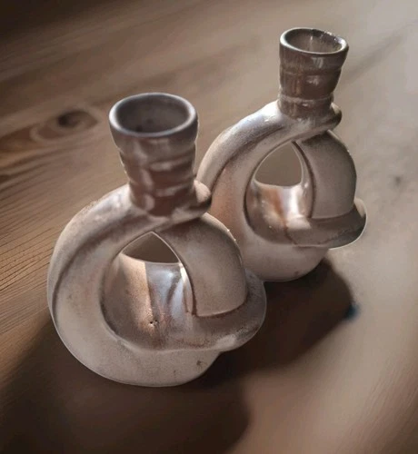 Vtg Frankoma MCM F 305 Tan Brown Pair Of Pottery Candlesticks Candle Holders