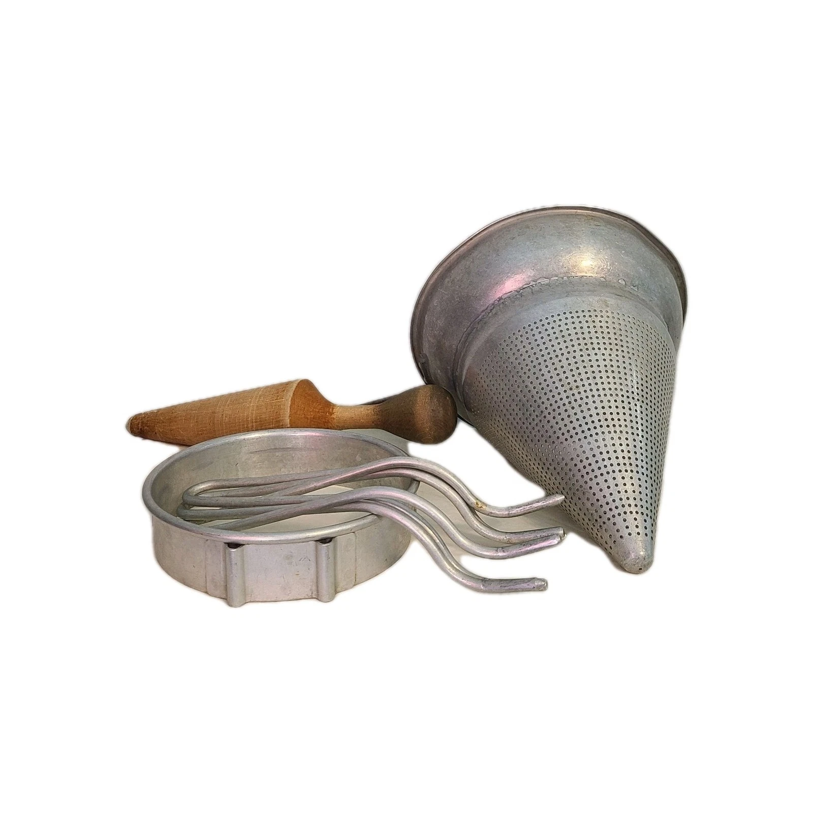 VTG Foley Style Aluminum Cone Chinois Strainer Sieve with Stand & Wooden Pestle