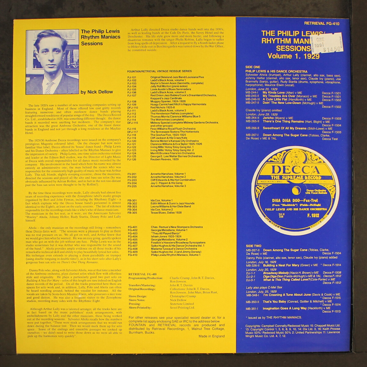 英LP Philip Lewis The Philip Lewis Rhythm Maniacs Volume 1. 1929  FG410 Retrieval /00260 Philip Lewis Rhythm Maniacs Vol 1 LP 1929 Retrieval FG410