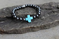 Men's Turquoise Cross Hematite Gemstone 8mm Beaded stretch Bracelet Wristband