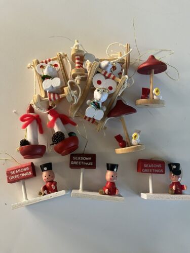 lot of 10 vtg wood christmas ornaments r/gr/wh mouse bird house candle mail box - Picture 1 of 6