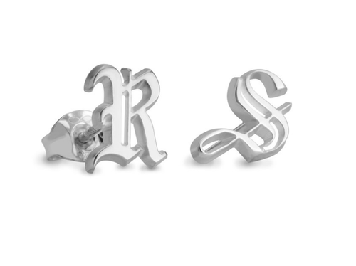 GOTHIC STUD INITIAL EARRINGS: STERLING SILVER, 24K GOLD, ROSE GOLD - Picture 3 of 3