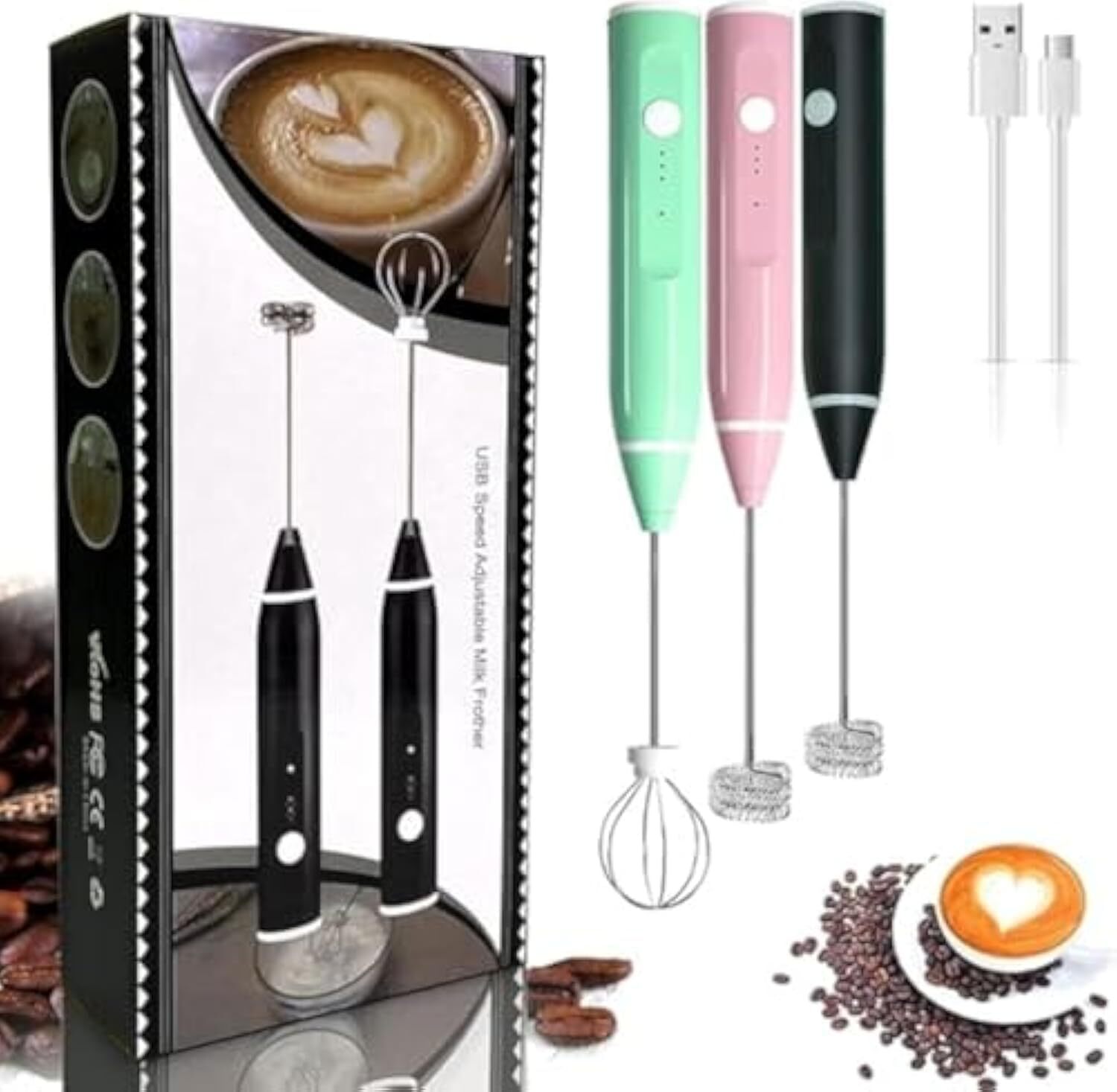 Milk Frother Handheld USB Rechargeable Electric Foam Maker with 2 Stainless w...