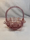 Vintage Fenton Colonial Pink Thumbprint Handled Glass Basket Ruffled Edges 1960s