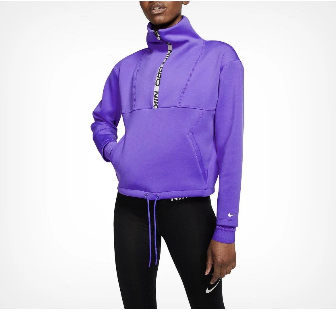 Nike Pro Cropped Mock Neck Half Zip Sweatshirt Purple Size Small