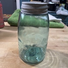 Vintage Ball Blue Green Mason Slope Shoulder Jar Quart Lid Bubbles