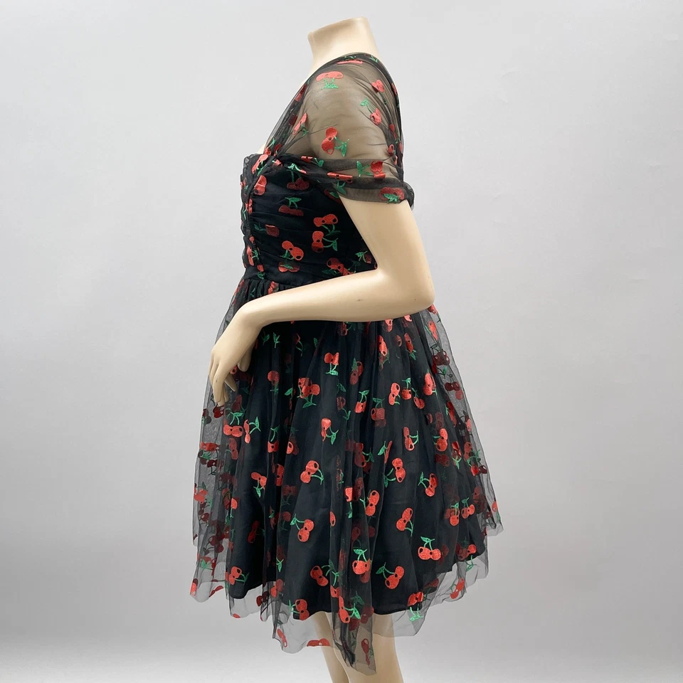 Unique Vintage Dress Women XL/14 Glitter Cherry Print Tulle Babydoll Mini Pin Up - Image 3 of 4