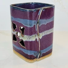 Bay Pottery Candle Holder Purple Blue Drip Handmade Ceramic Organizer Plant Pot