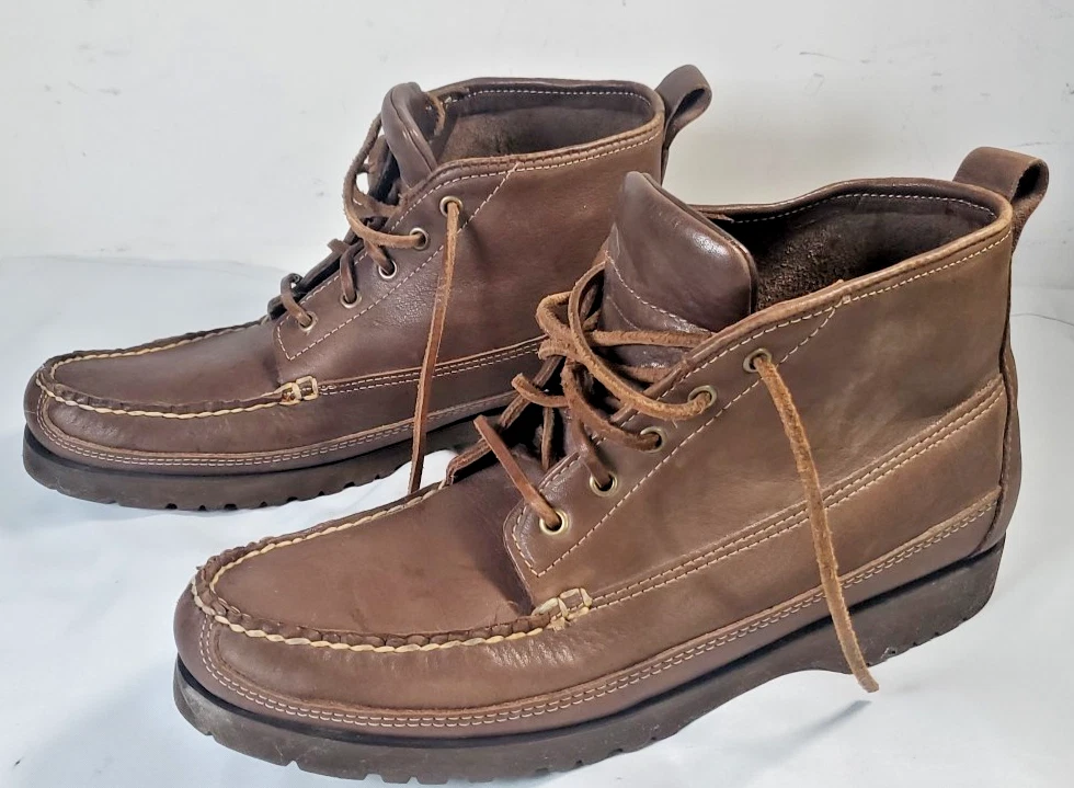 Eddie Bauer Men 10.5 Brown Leather Camp Boots Lug Sole Ankle Moc Toe