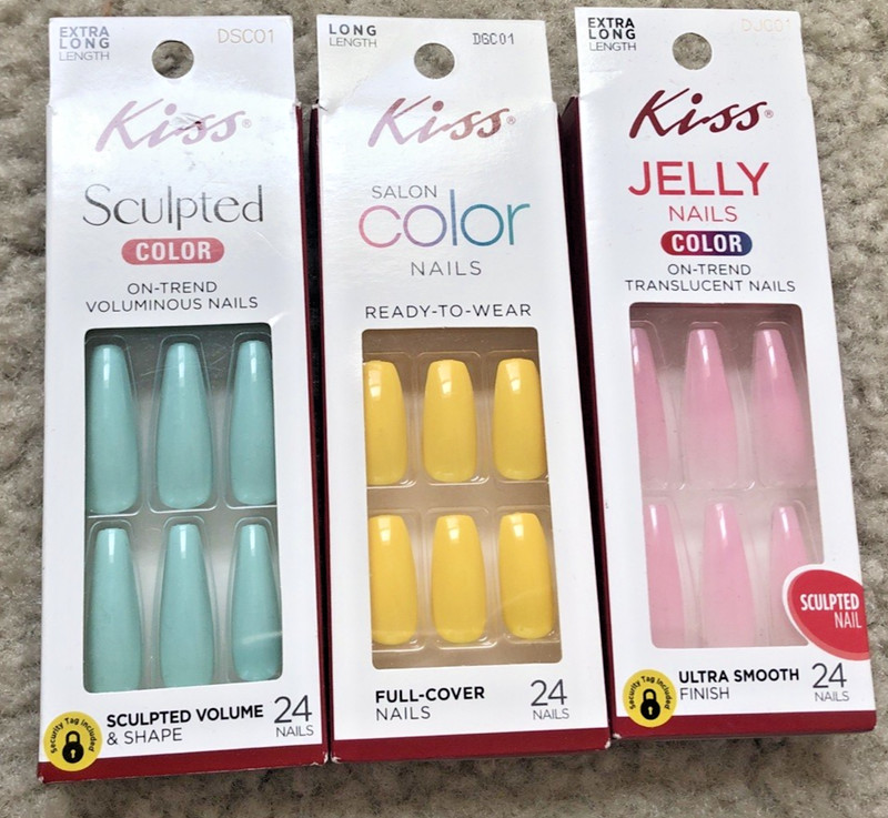 NIB KISS 3 pack Nails Pink Yellow Teal