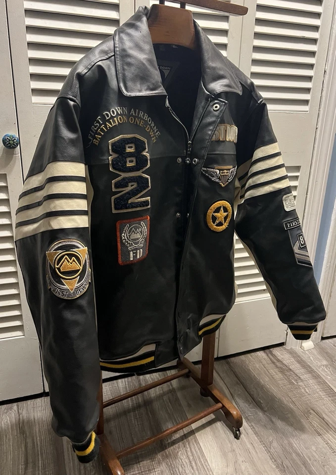 First Down Vintage PVC Casting Leather Varsity Bomber Jacket Men Size XL - Image 2 of 4