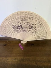 Vintage Panda Bear Cherry Blossom Wooden Pink Tassle Chinese Fan Or Wall Decor