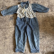 Denim Romper Jumpsuit Vintage Button Up Flower Toddler 3T Lace