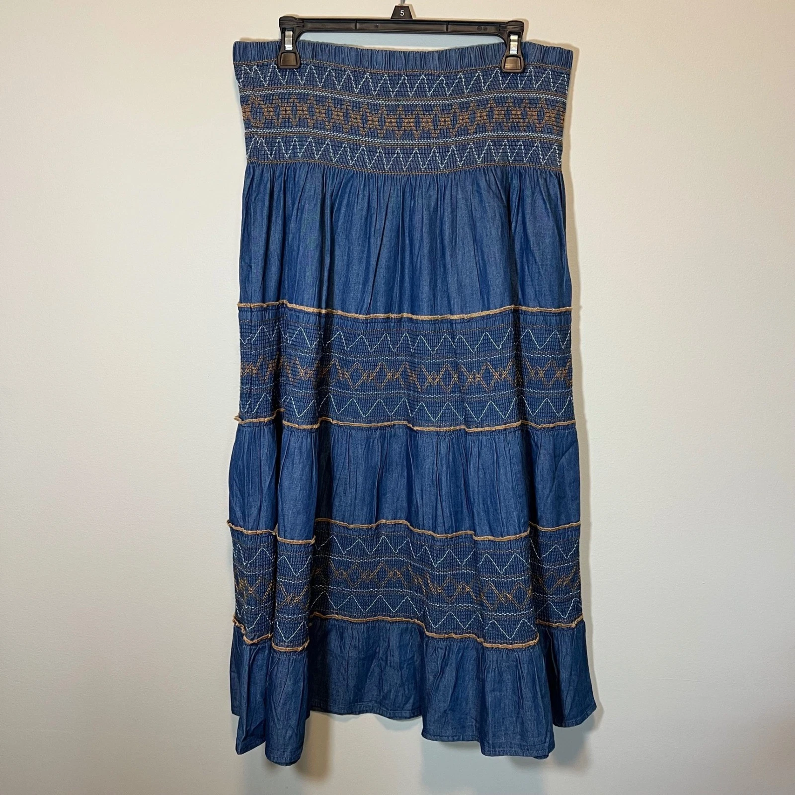 Back in the Saddle Denim Smocked Maxi Skirt XL Blue Embroidered Tiered Western