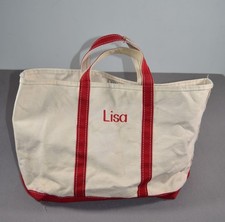 Vintage LL Bean Boat and Tote Bag Canvas Ivory Red Large Blue Stitch Embroidered