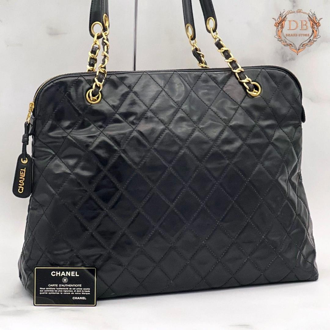 CHANEL Black Matelasse Chain Shoulder Bag with G Card and Logo Plate
