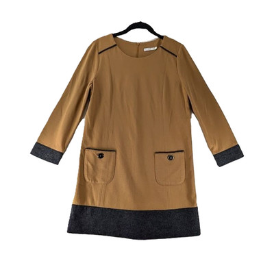 VTG Joan Garment Co Dress Womens Size Large 80s Wool Classic Pockets Caramel CBK
