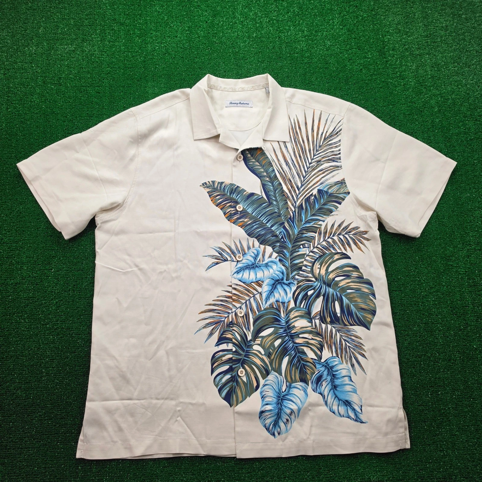 Tommy Bahama Shirt Mens Large Cream 100% Silk Vertical Bloom Floral Botanical