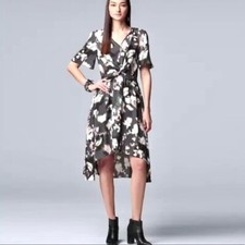 VERA WANG Chiffon pleasant Midi Dress Size L Twist front Asymmetrical Hem Floral