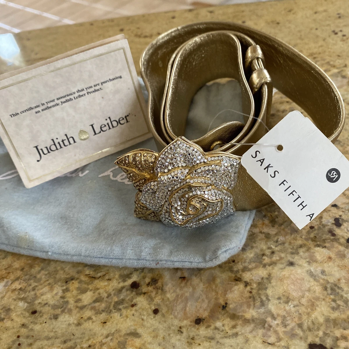 ? Judith Leiber Vintage Gold White Glass Crystals Belt Buckle JUDITH LEIBER WHITE KARUNG GOLD TONE RIBBONS MEDALS BELT  main image 4