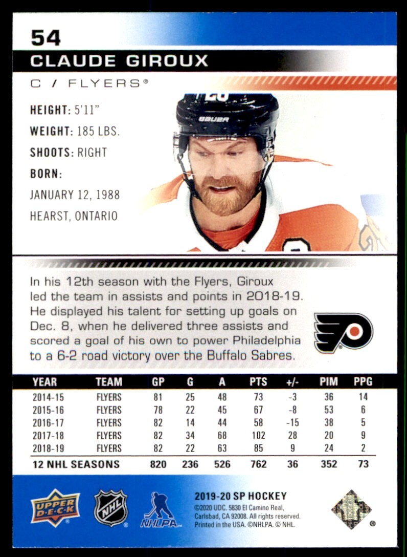 Claude Giroux 201920 Upper Deck SP Retail Blue 54 Philadelphia Flyers