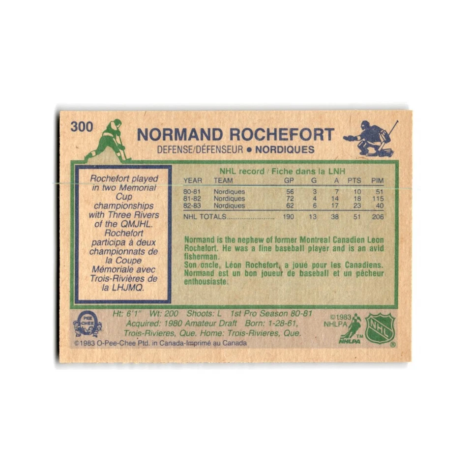 1983 O-Pee-Chee Normand Rochefort Quebec Nordiques #300 - Image 2 of 3