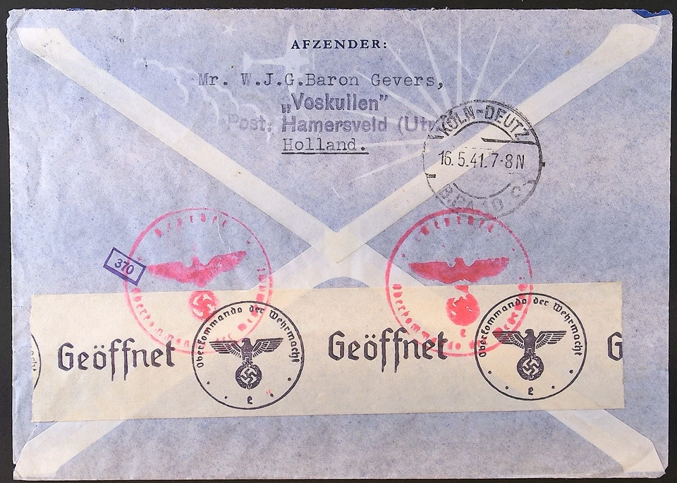 LSS Países Bajos 1941 Segunda Guerra Mundial Censor Cubierta Clipper Correo Aéreo Baron Gevers Foto 2 de 2