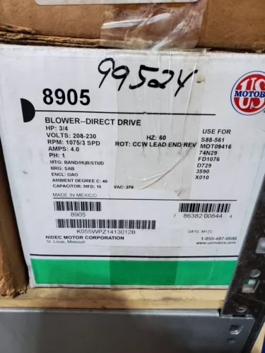 US Motors 8905 Direct Drive Blower Motor, 208-230V, 3/4 HP, 1075 RPM