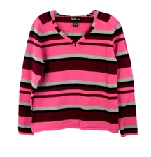 NWOT STYLE & CO Pullover Knit Top Women Med Pink Multicolor Stripe Retro V-Neck