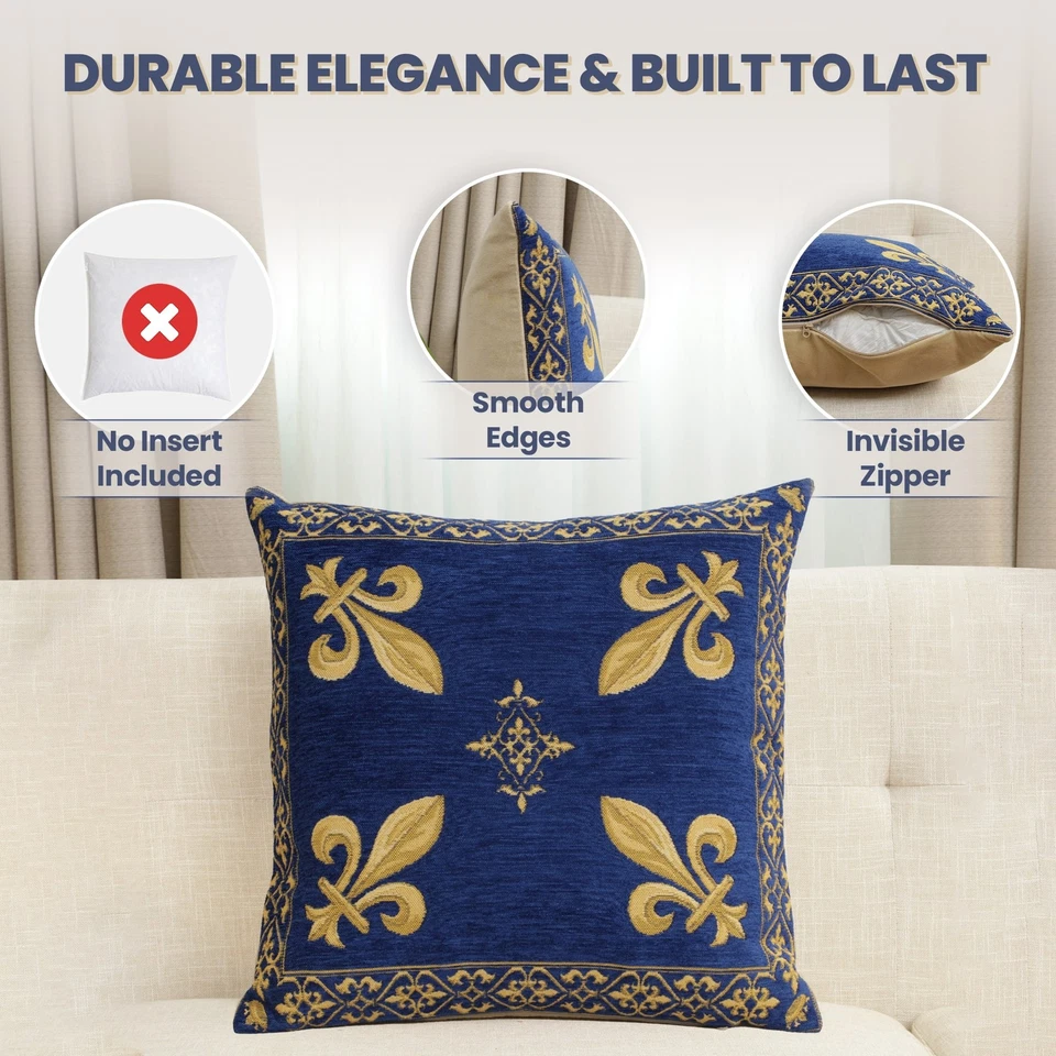 Fleur De Lys Blue Medieval Belgian Tapestry Cushion Throw Pillow Covers 18"x18" - Image 3 of 4