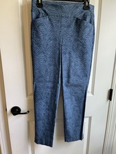 Women's Blue Floral Nature Pattern Pull On Flat Front Straight Leg Dress Pants