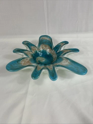Vintage Murano Art Glass Catchall Ashtray Teal Gold Aventurine Cased Splat 1960s