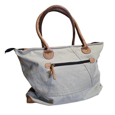 Mona B Taupe Canvas Vegan Leather Tote Bag Upcycled Shoulder Bag Tan Trim